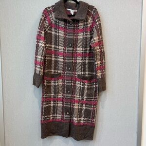 MAX STUDIO Plaid‎ Knit Sweater Coatigan Medium Brown Pink Long Cardigan Coat